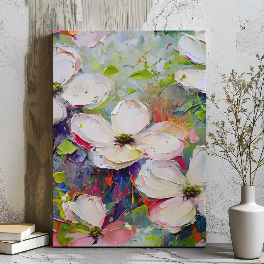 White Dogwood Flower Canvas Wall Art | Colorful Impasto Floral Painting | Premium Gallery Wrap | Modern Home Decor Gift