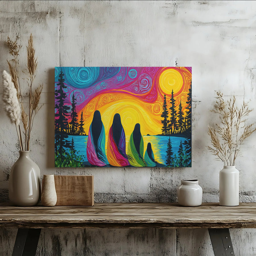 Indigenous Women Canvas Art | Vibrant Four Sisters Sunset Print | Gallery Quality Canvas Print | Premium Spiritual Home Decor Gift