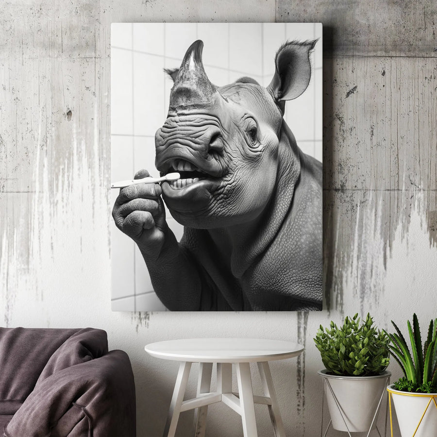Rhino Brushing Teeth Canvas Wall Art | Funny Animal Bathroom Decor | Premium Gallery Wrap Print | Whimsical Home Decor Gift