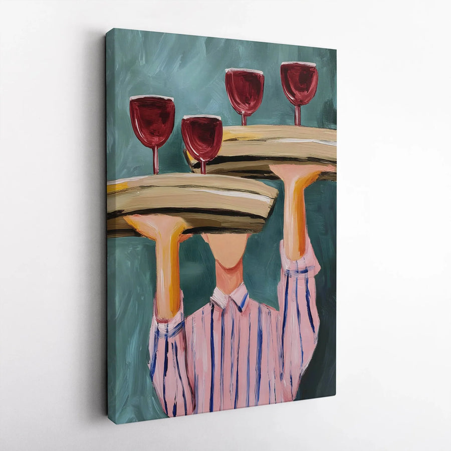 Abstract Waiter Canvas Wall Art | Red Wine Glasses Bar Decor | 1.25-Inch Gallery Wrap Print | Modern Kitchen Dining Room Gift Idea