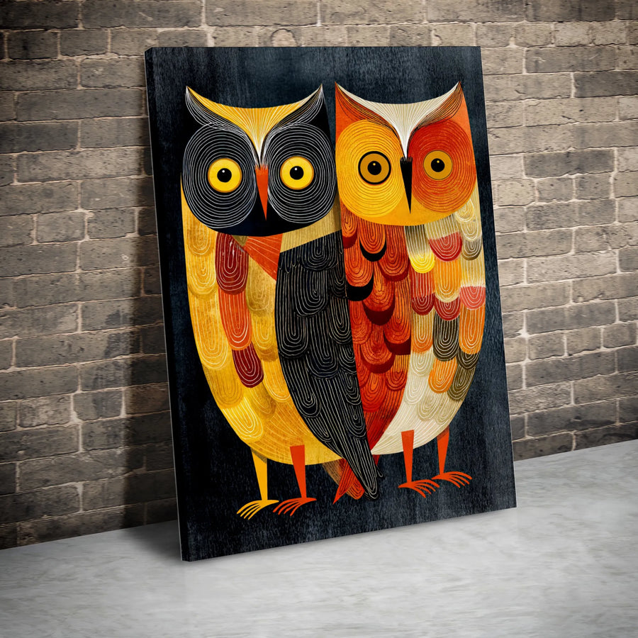 Modern Owl Couple Canvas Wall Art | Mid Century Abstract Bird Design | Premium Gallery Wrapped Print | Unique Nature Lover Home Decor Gift