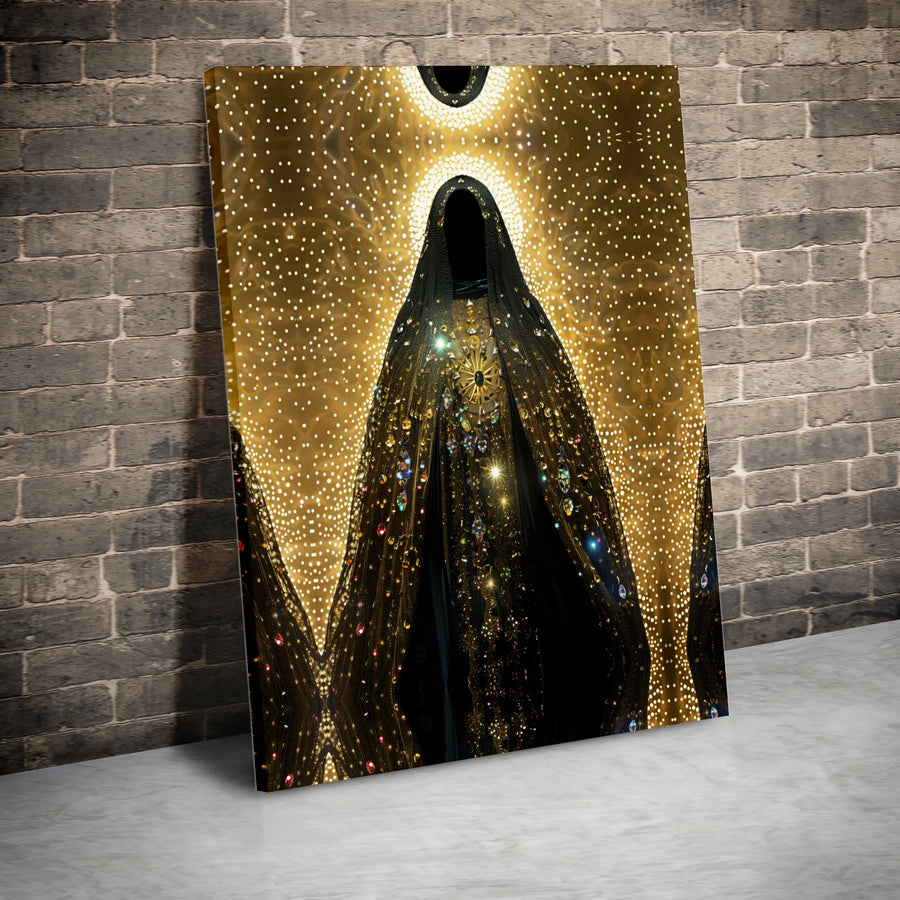 Divine Goddess Canvas Wall Art | Mystical Hooded Figure with Golden Halo | Premium Matte Canvas Print | Spiritual Home Decor Gift