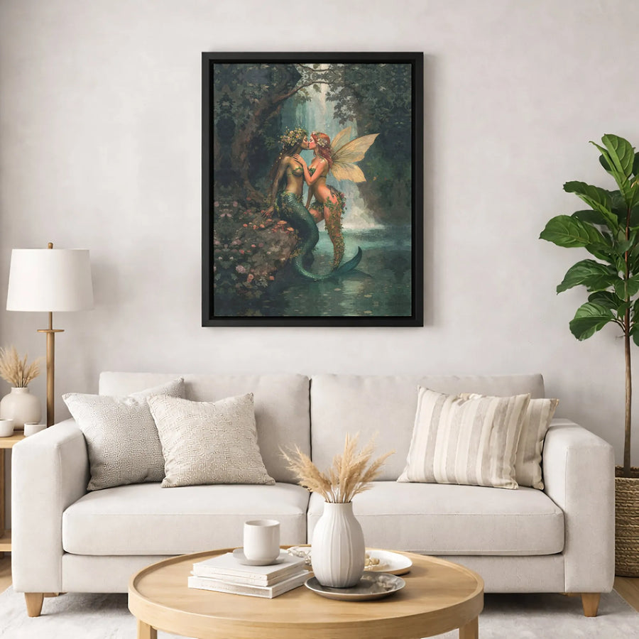 Mermaid and Fairy Fantasy Wall Art | Lesbian Romance Illustration | Premium Gallery Wrapped Canvas | Enchanted Forest Decor Gift