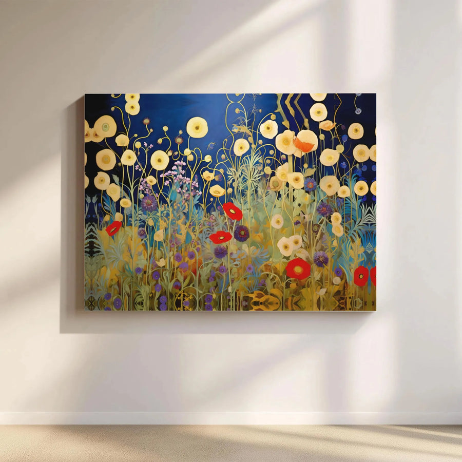 Abstract Wildflower Meadow Canvas | Dark Blue Botanical Floral Wall Art | 1.25-Inch Premium Gallery Profile | Nature-Inspired Home Decor Gift