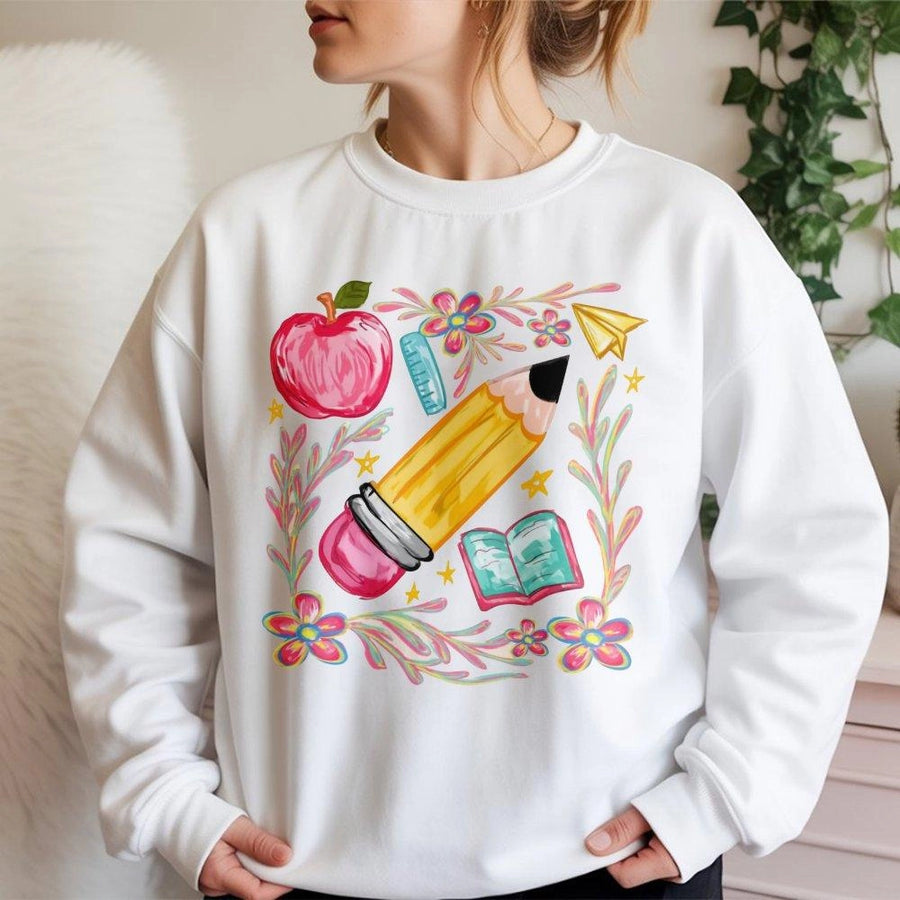 Teacher Appreciation Sweatshirt | Floral School Supplies Graphic | Soft Cotton Blend Crewneck | Cute Back To School Gift For Educators