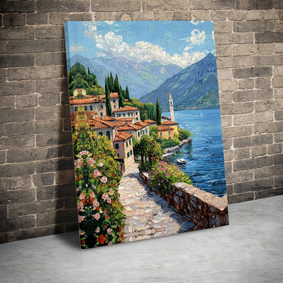 Italian Lakeside Village Canvas Wall Art | Vibrant Impressionist Landscape Print | Premium Gallery Wrapped Canvas | Living Room Decor Gift for Traveler