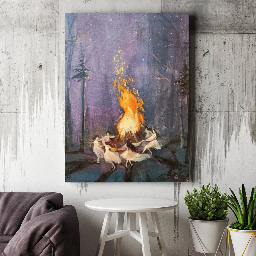 Forest Bonfire Canvas Wall Art | Whimsical Night Forest Dance Print | Premium Gallery Wrap Decor | Gift For Nature Lovers & Spiritual Soul