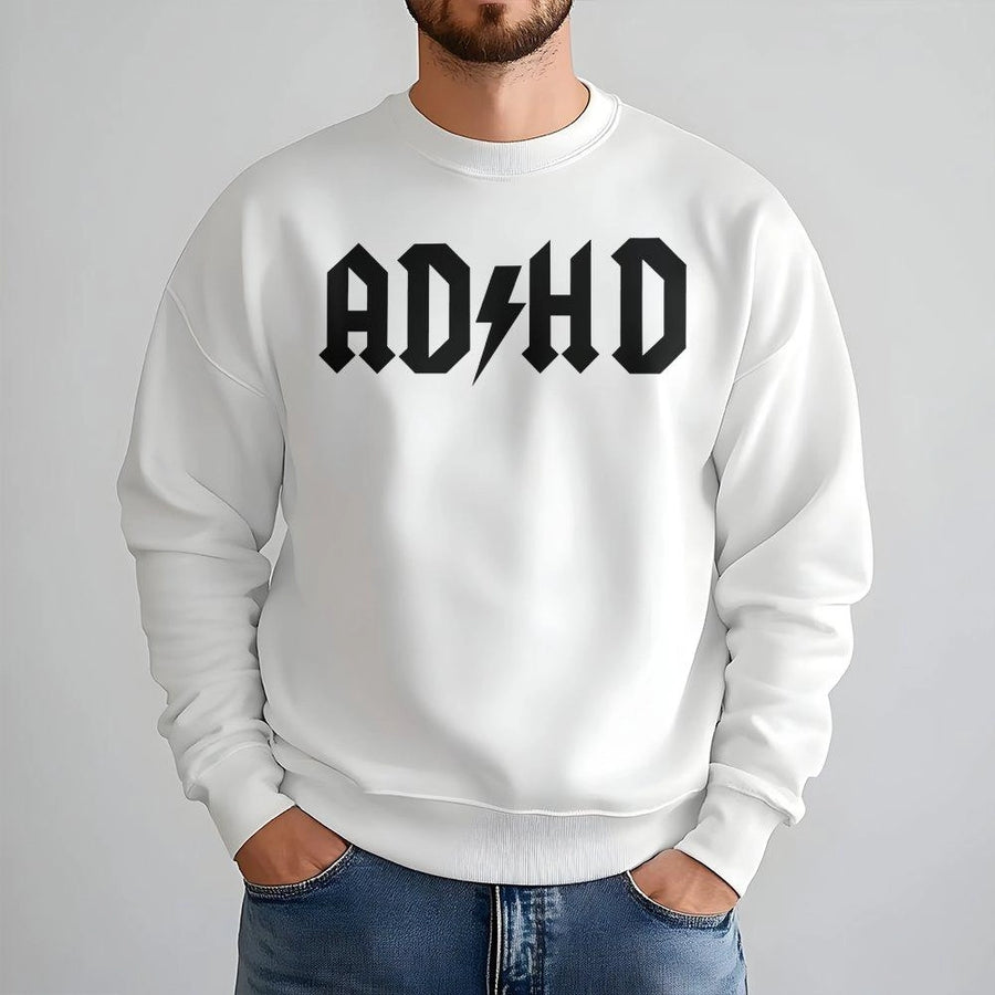 ADHD Sweatshirt | Rock Music Font Graphic Design | Premium Cotton Blend Crewneck | Funny Mental Health Awareness Gift for Him or Her