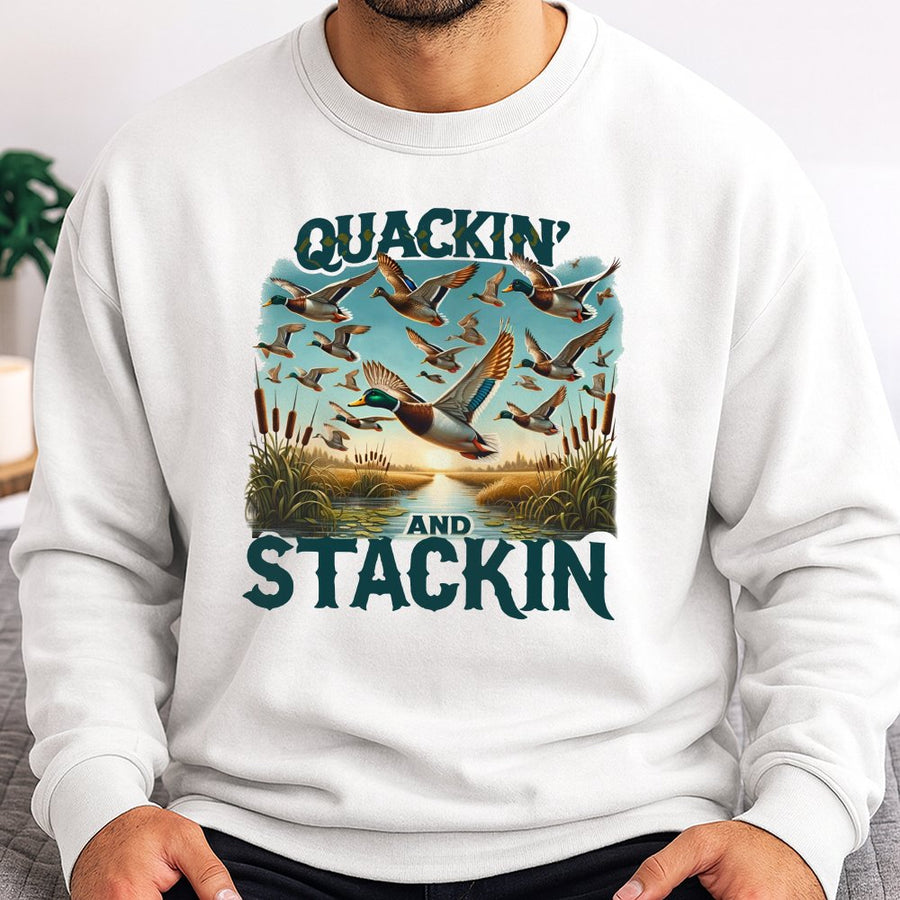 Quackin And Stackin Sweatshirt | Vintage Mallard Duck Hunting Graphic | Premium Cotton Blend Crewneck | Gift For Outdoorsman Hunter