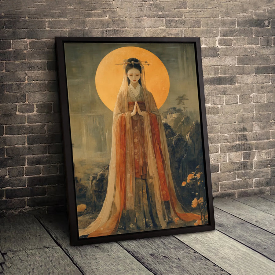 Traditional Chinese Woman Wall Art | Zen Goddess Under Full Moon Canvas | Premium Gallery-Wrapped Print | Elegant Spiritual Home Decor Gift