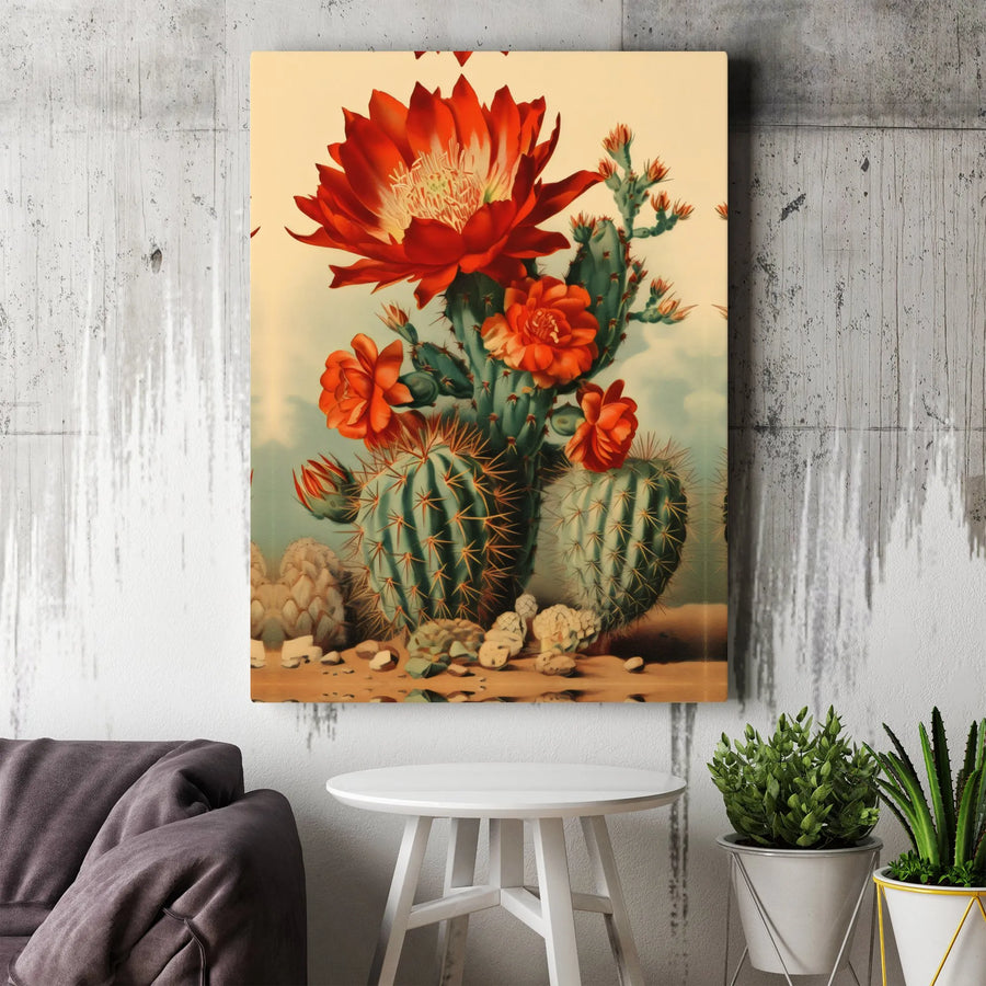 Blooming Red Cactus Canvas Art | Vintage Botanical Desert Illustration | Premium Gallery Wrapped Print | Southwestern Home Decor Gift