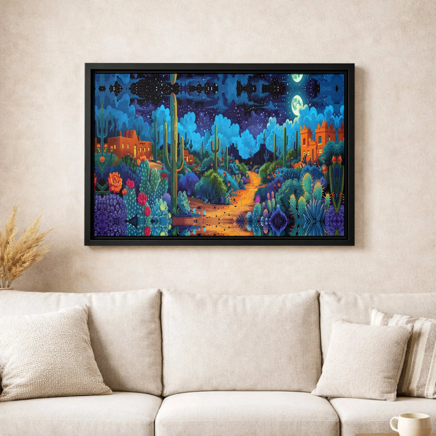 Desert Night Canvas Wall Art | Vibrant Psychedelic Cactus Landscape | Premium Gallery Wrapped Print | Southwestern Home Decor for Living Room