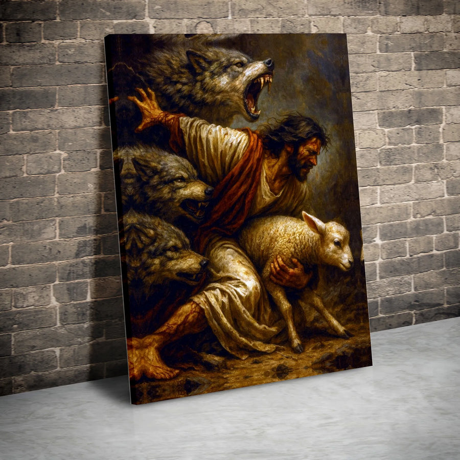 Jesus Protecting Lamb Canvas Print | The Good Shepherd Fighting Wolves Art | Premium Gallery Wrapped Wall Decor | Religious Home Gift