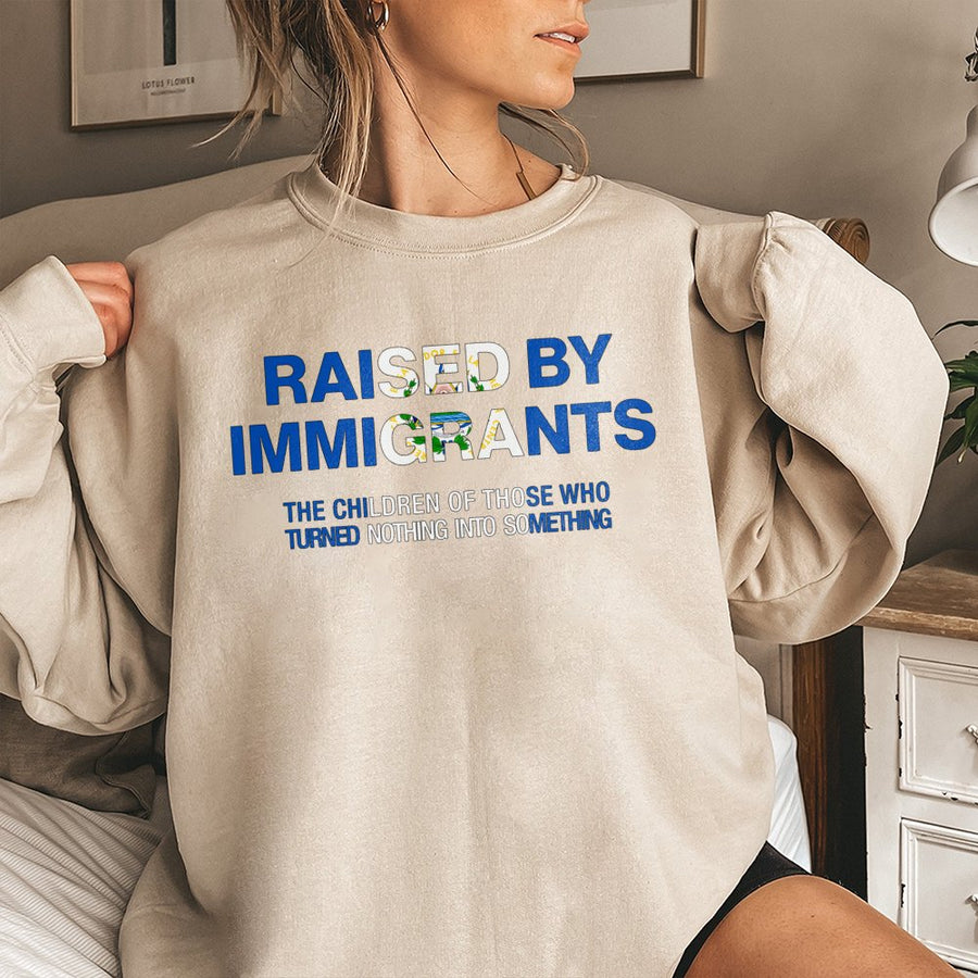 Raised By Immigrants Sweatshirt | El Salvador Pride Flag Graphic | Premium Cotton Blend Crewneck | Heritage Cultural Gift For Salvadoran Americans