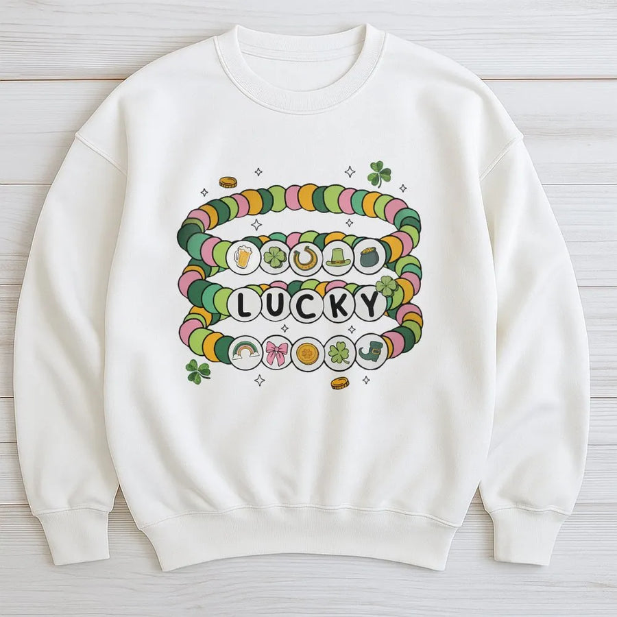 Lucky St. Patrick's Day Sweatshirt | Friendship Bracelet Beaded Design | Premium Cotton Blend | Aesthetic Coquette Irish Gift for Women