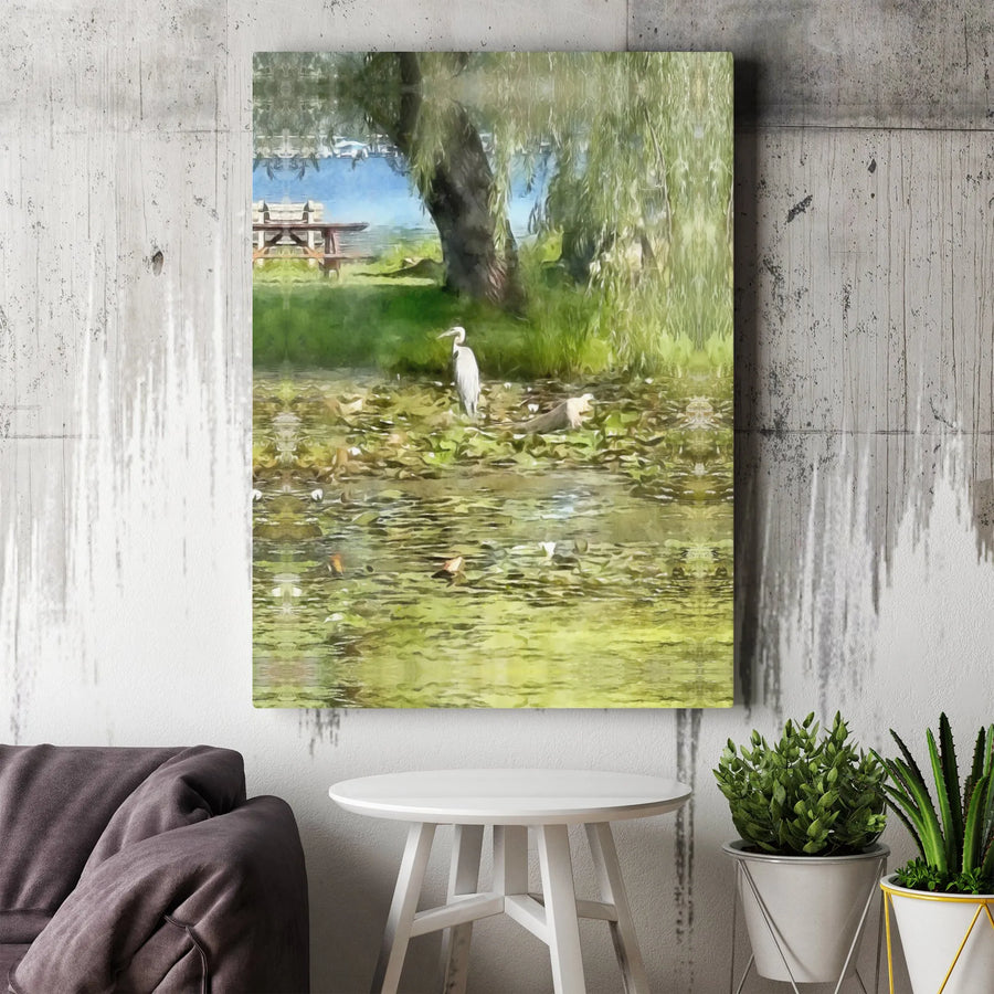 Heron Canvas Wall Art | Watercolor Pond Landscape with Weeping Willow | Premium Gallery Wrap 1.25" Profile | Nature Lover Home Decor Gift