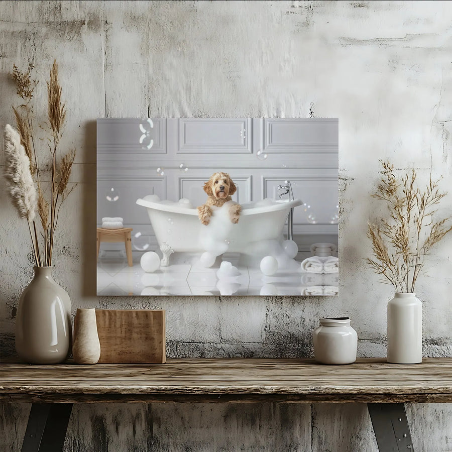 Cockapoo Dog in Bubble Bath Wall Art | Funny Bathroom Canvas Decor | Premium Fade-Resistant Print | Cute Pet Lover Gift Idea