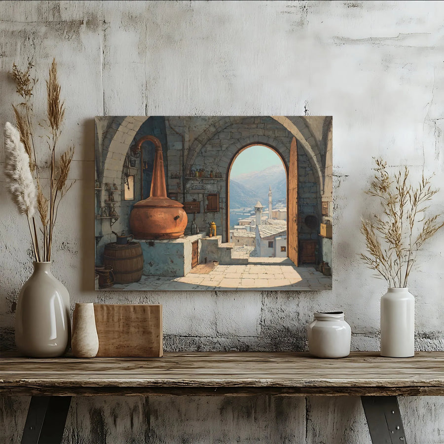 Rustic Copper Alembic Horizontal Canvas | Mediterranean Stone Arch Village Wall Art | 1.25 Inch Gallery Wrap | Alchemist Distillery Home Decor Gift
