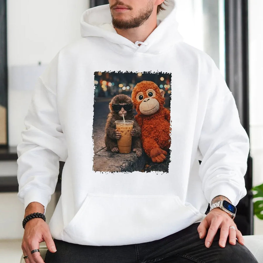 Monkey Iced Coffee Hoodie | Funny Cute Primate Graphic Pullover | Soft Cotton Blend Streetwear | Unique Animal Lover Gift for Him & Her