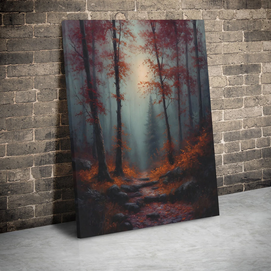Misty Autumn Forest Canvas Wall Art | Moody Red Tree Landscape Print | Premium 1.25" Gallery Wrap | Nature-Inspired Home Decor Gift