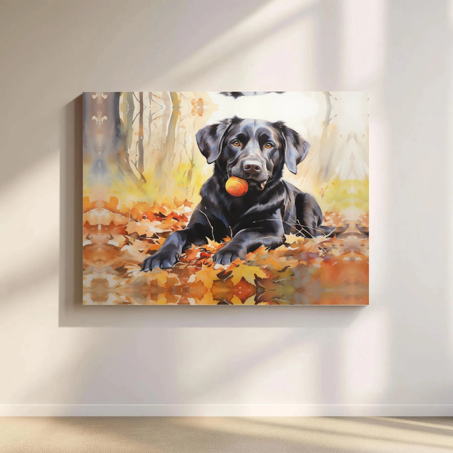 Black Labrador Canvas Art | Autumn Dog Portrait with Ball | Premium Gallery Wrap Wall Decor | Gift for Dog Lovers