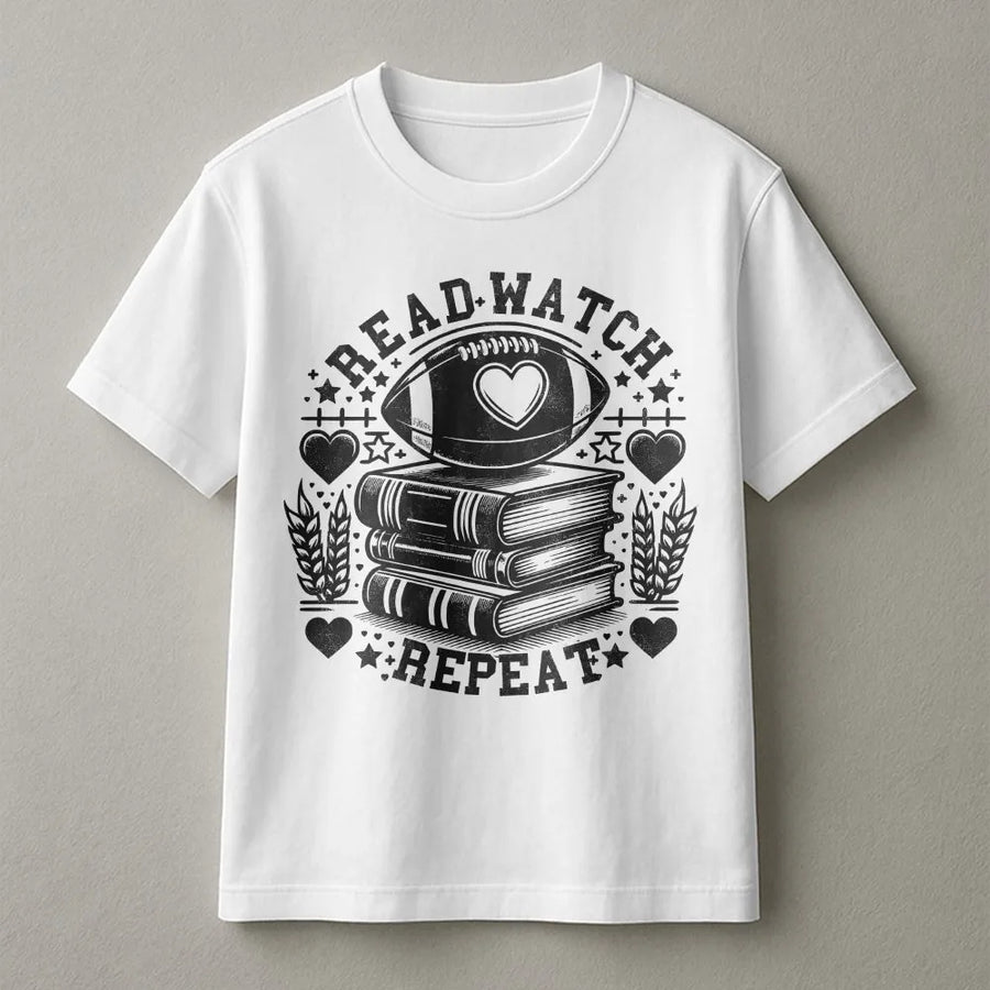 Bookish Football T-Shirt | Read Watch Repeat Gameday Graphic | Cozy Cotton Blend Crewneck | Gift for Women Readers and Sports Fans