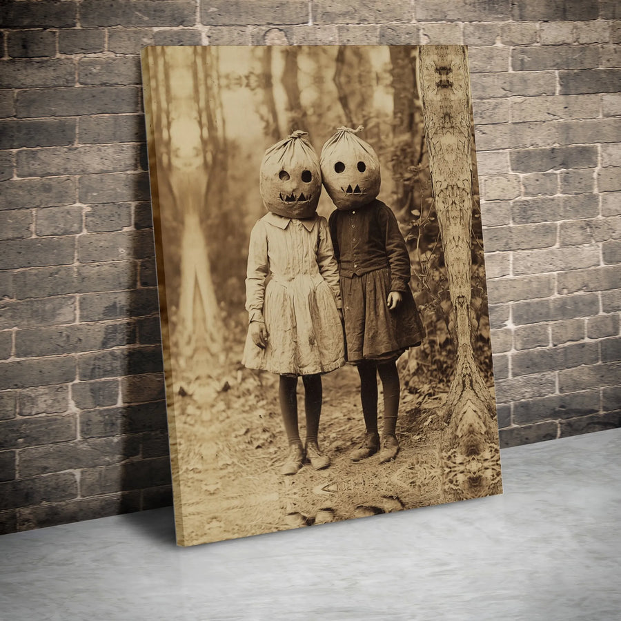Creepy Vintage Halloween Wall Art | Spooky Pumpkin Head Children Portrait | Premium Gallery Wrapped Canvas | Gothic Home Decor Gift