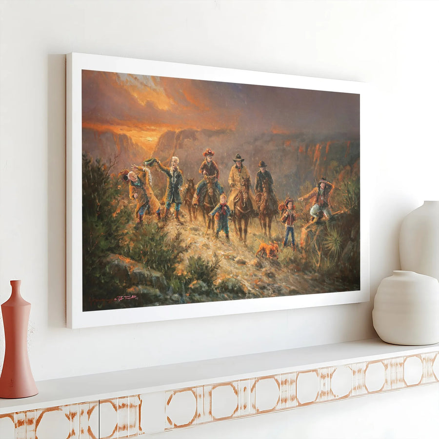 Western Canvas Wall Art | Pioneer Family Cowboy Journey Painting | Premium Gallery Wrap Print | Rustic Home Decor Gift for History Lovers