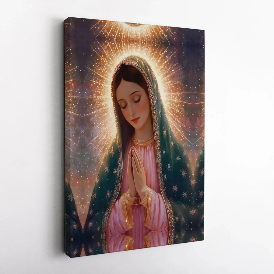 Virgin Mary Our Lady of Guadalupe Vertical Canvas | Blessed Mother Praying with Golden Light Halo | Premium Fade-Resistant Frameless Gallery Print | Devotional Catholic Gift & Christian Wall Art