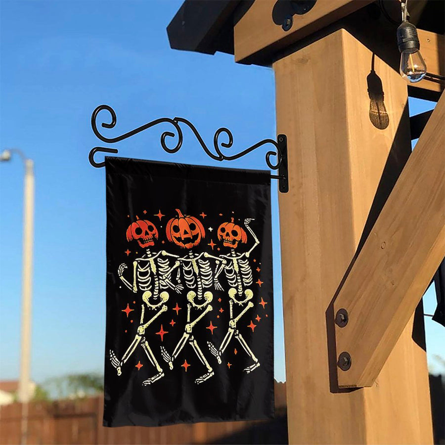 Dancing Skeleton Pumpkin Garden Flag | Retro Halloween Yard Decor | Durable Weather-Resistant Polyester | Spooky Outdoor Seasonal Gift