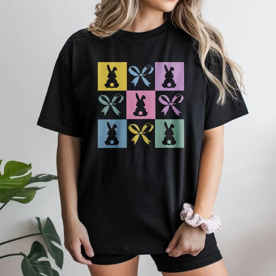 Easter Bunny T-Shirt | Pastel Checkered Rabbit & Bow Graphic | 100% Cotton Premium Tee | Cute Spring Holiday Gift for Women & Kids