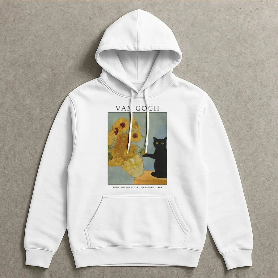 Van Gogh Sunflowers Cat Hoodie | Whimsical Art History Graphic Print | Soft Cotton-Polyester Blend | Unique Cat Lover Gift for Women and Men