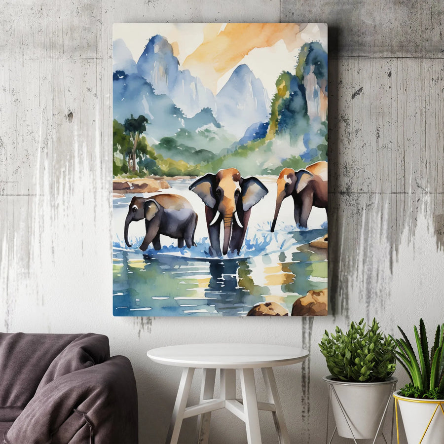 Elephant Watercolor Canvas Print | Majestic Jungle Wildlife River Scenery | Premium 1.25-Inch Gallery Wrap | Nature-Inspired Home Decor Gift