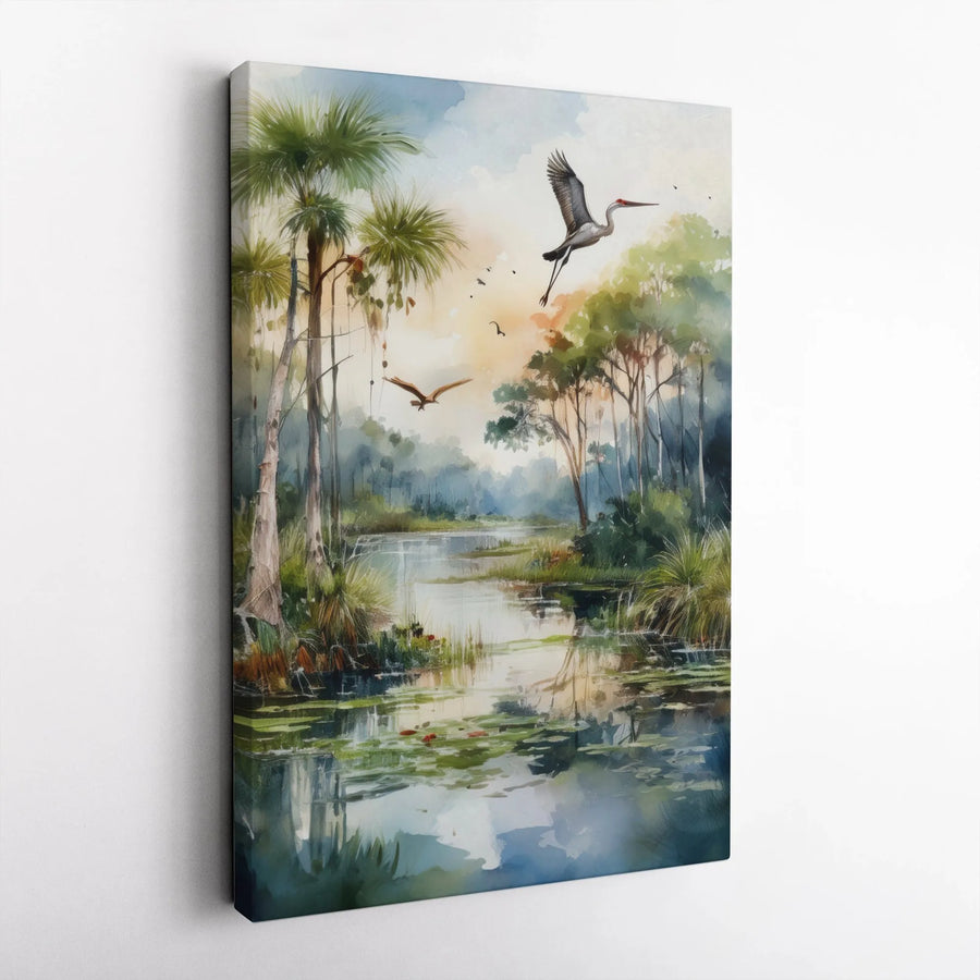 Florida Swamp Landscape Canvas | Watercolor Heron and Palm Tree Art | Premium Fade-Resistant Print | Nature Wall Decor for Coastal Home Living