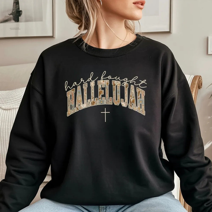 Hard Fought Hallelujah Sweatshirt | Vintage Floral Cross Graphic | Premium 100% Cotton | Faith Based Gift for Christian Women