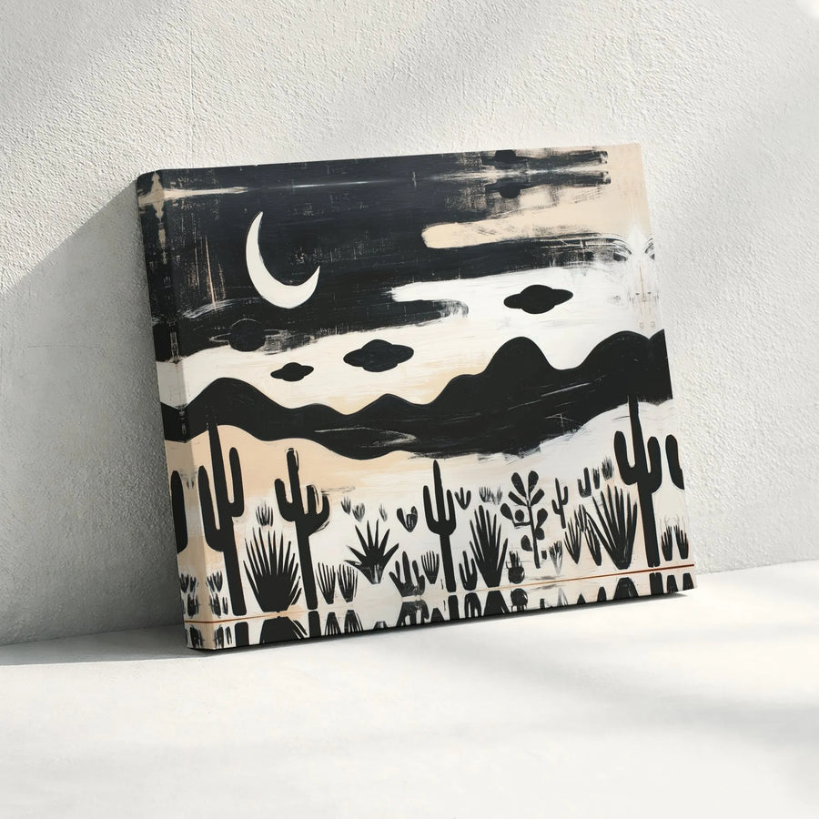 Abstract Desert Night Canvas Wall Art | Monochrome Cactus UFO Landscape Print | Gallery Quality Premium Decor | Modern Southwestern Home Gift