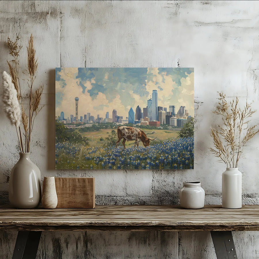 Dallas Skyline Canvas Print | Texas Longhorn In Bluebonnets | Premium Gallery Wrapped Wall Art | Large Texas Home Decor For Living Room