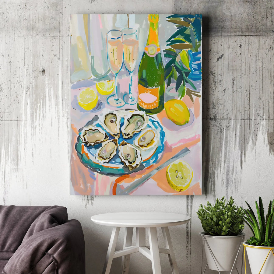 Oysters and Champagne Canvas Art | Coastal Kitchen Still Life | Premium Fade-Resistant Gallery Wrap | Modern Dining Room Decor Gift