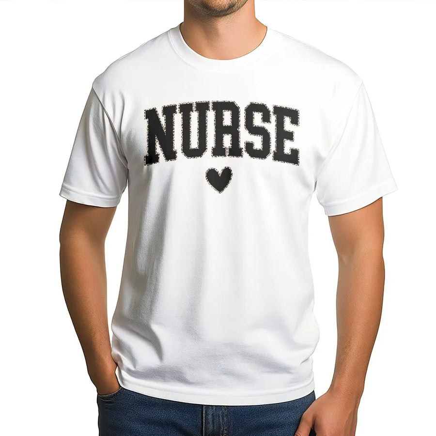 Nurse T-Shirt | Leopard Print Lettering with Heart | Premium Soft Cotton | Nursing Student Graduation Gift and RN Appreciation Apparel
