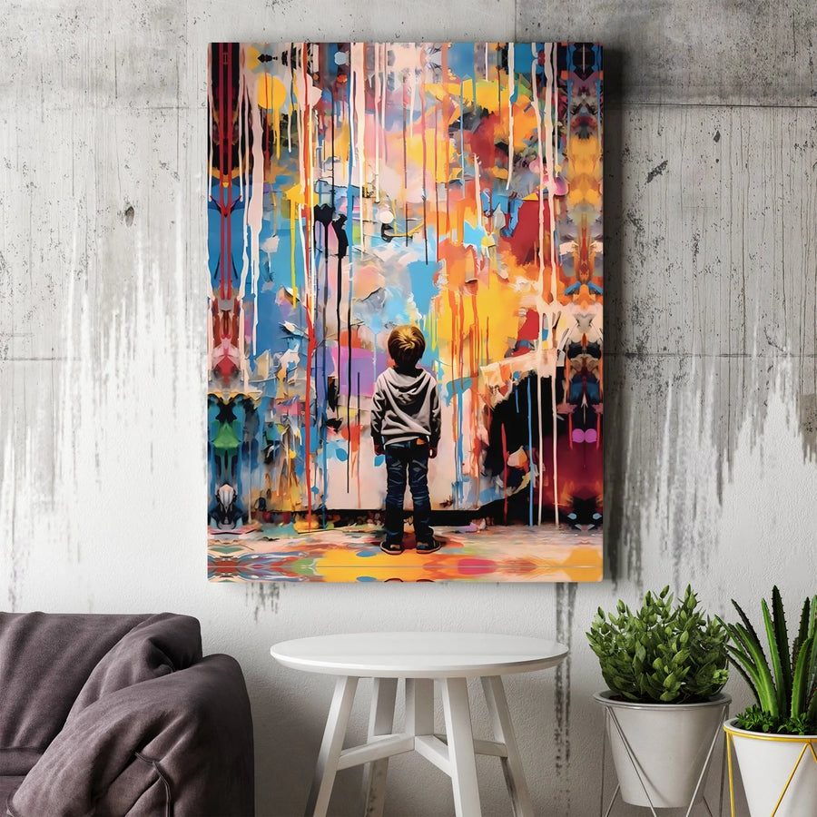 Abstract Graffiti Canvas Wall Art | Boy Viewing Colorful Dripping Paint | Premium Gallery Wrapped Canvas | Modern Living Room & Office Decor Gift