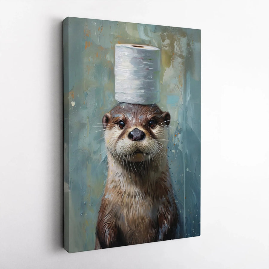 Funny Otter Canvas Wall Art | Otter with Toilet Paper Roll Painting | Premium Gallery Wrapped Canvas | Unique Bathroom Decor Gift
