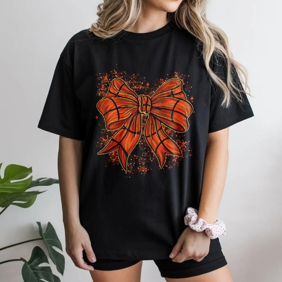Basketball Bow T-Shirt | Coquette Aesthetic Graphic Print | 100% Cotton Premium Tee | Trendy Sport Mom Gift for Game Day