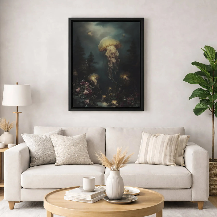 Surreal Jellyfish Forest Canvas Wall Art | Glowing Underwater Fantasy Print | Premium Fade-Resistant Gallery Wrap | Moody Home Decor Gift