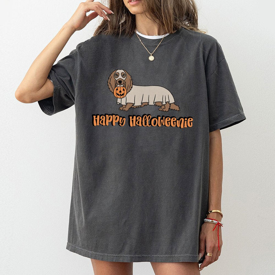 Dachshund Halloween T-Shirt | Happy Halloweenie Ghost Dog Design | Premium Soft Cotton Tee | Funny Dog Mom Gift for Fall