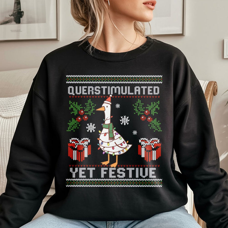 Overstimulated Yet Festive Goose Sweatshirt | Funny Christmas Bird Graphic | Soft Cotton-Blend Crewneck | Quirky Holiday Gift For Duck Lovers