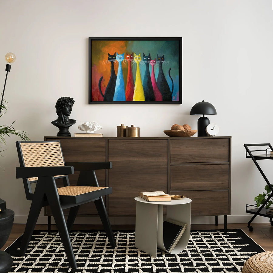 Colorful Cat Art Canvas | Seven Whimsical Modern Cats Painting | Gallery Quality Fade-Resistant Wall Decor | Unique Gift For Cat Lovers