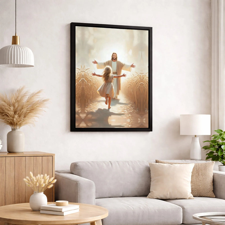 Jesus With Child Canvas Wall Art | Girl Running In Wheat Field Print | Premium 1.25 Inch Gallery Wrap | Religious Home Decor Gift