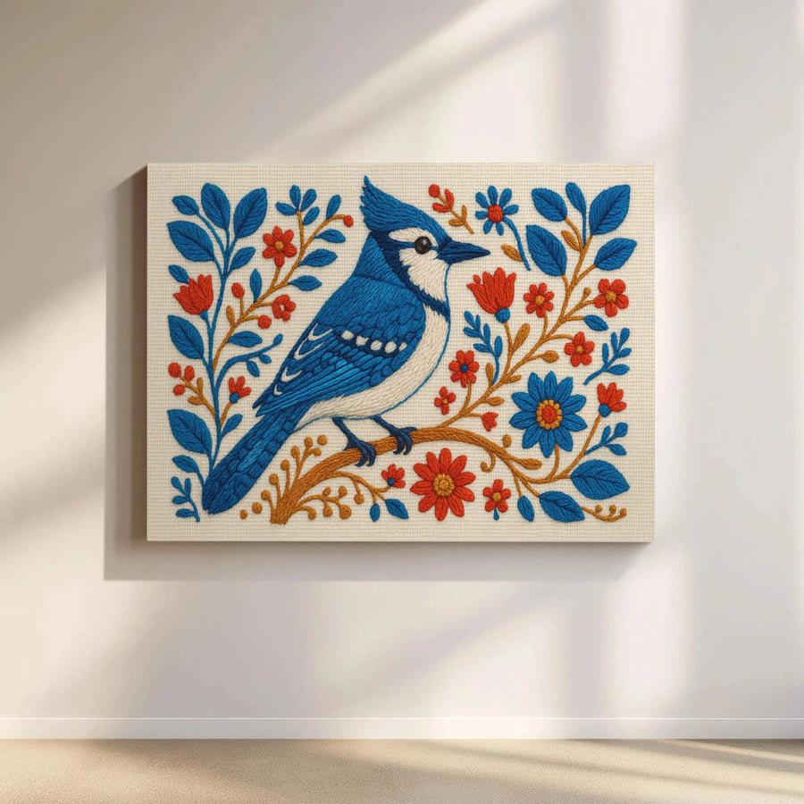 Blue Jay Wall Art Canvas | Folk Art Floral Bird Illustration | Gallery Wrap 1.25 Inch Wood Frame | Nature Lover Home Decor Gift