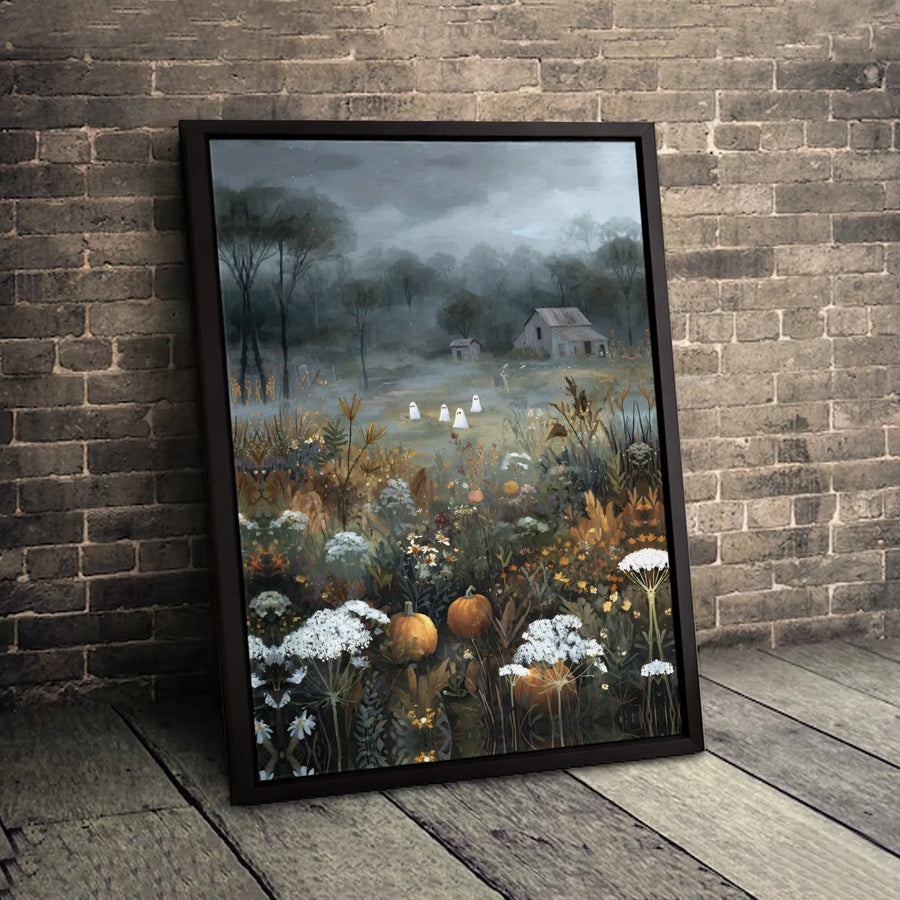 Spooky Ghost Canvas Wall Art | Halloween Wildflower Pumpkin Patch Print | Gallery Quality Premium Decor | Whimsical Fall Farmhouse Gift