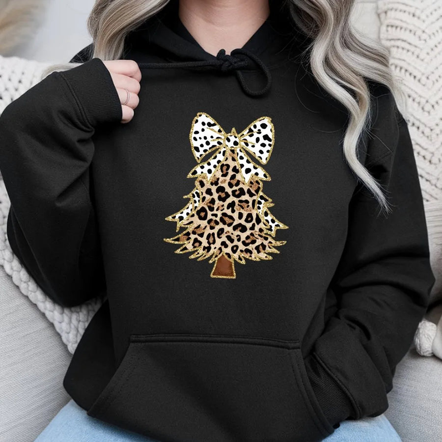 Leopard Print Christmas Tree Hoodie | Festive Animal Pattern Graphic | Premium Cotton Blend | Cozy Holiday Gift for Women and Teen Girls